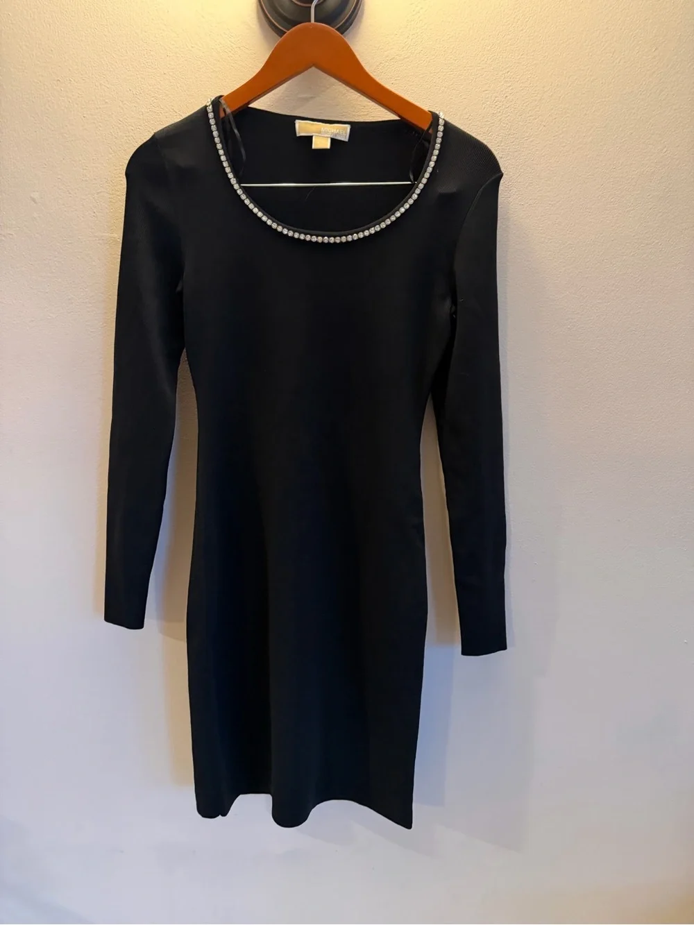 Michael‎ Michael Kors Black Rhinestone Trim Long Sleeve Knit Bodycon Dress XS